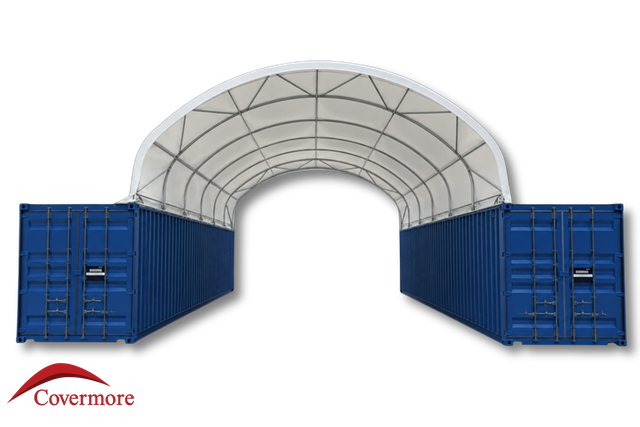 White 30oz PVC container shelter arched over two blue containers, open end showing steel truss frame