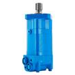 Blue hydraulic orbital motor standing upright, splined shaft on top, two port fittings at the base