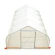 Tunnel greenhouse front wall with framed swing door, white film roof, and orange corner tensioners