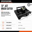 JCT 72in brush cutter spec sheet: 72in cutting diameter, cuts up to 4in timber, standard-flow hydraulics