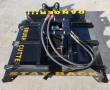 Brush cutter deck with twin mounting pins, hydraulic valve, hoses and yellow DANGER and STAY BACK lettering
