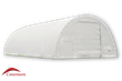 White 30oz PVC dual-truss fabric building, rounded roof, end wall with 12ft winch door and man door