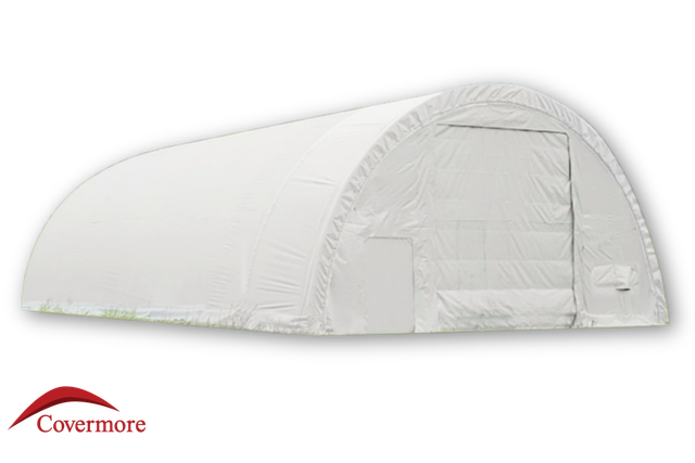 White 30oz PVC dual-truss fabric building, rounded roof, end wall with 12ft winch door and man door