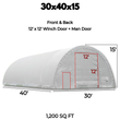Dimension diagram: 30x40x15 fabric building, 1,200 sq ft, 12ft winch door + man door front and back