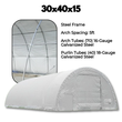 Frame spec graphic: fabric building, 70 galvanized steel arch tubes, 5ft spacing, interior frame view