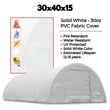Cover spec graphic: 30oz PVC fabric building, fire retardant, water resistant, UV protected, 12-15yr life