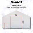 White PVC fabric building end wall, 13ft x 15ft winch door and small man door outlined in red, labeled 30x40x22