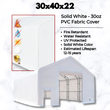 30oz PVC cover feature graphic: fire, water and UV icons beside a white dual-truss fabric building with open doors
