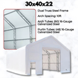 Galvanized dual-truss steel frame interior inset beside a white fabric building, listing 10ft arch spacing and tube counts