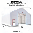 White 30oz PVC dual-truss fabric building with dimension callouts: 30ft wide, 40ft long, 22ft high, 1,200 sq ft
