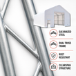 Feature graphic: galvanized steel truss welds, white fabric building, icons for dual truss frame, rust resistant, clearspan