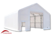 White 30oz PVC dual-truss fabric building, open end wall showing galvanized steel truss arches and a man door
