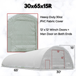 Spec graphic: white PVC dome fabric building, 30x65x15 dimension callouts and 12x12 winch door plus man door