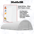Feature graphic: white 30oz PVC dome fabric building; fire-retardant, water-resistant, UV-protected, 12-15 yr lifespan
