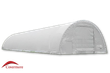 White 30oz PVC dome fabric building, arched galvanized steel frame and end wall with door, Covermore logo