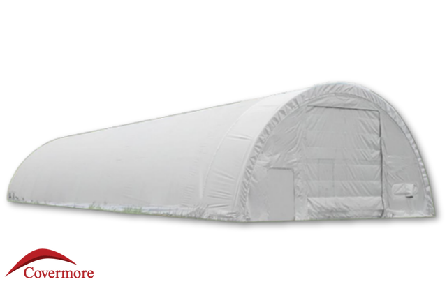 White 30oz PVC dome fabric building, arched galvanized steel frame and end wall with door, Covermore logo