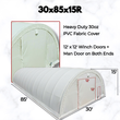 Dimension graphic: white 30oz PVC dome fabric building, 85x30x15 ft, 12ft winch door and man door labeled