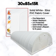 Feature graphic: white 30oz PVC dome fabric building with fire, water and UV icons; 12-15 year lifespan