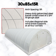 Frame graphic: white PVC dome fabric building, inset of galvanized steel arch ribs, 5ft arch spacing noted
