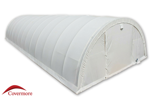 White 30oz PVC dome fabric building, arched ribbed cover and closed end wall with door