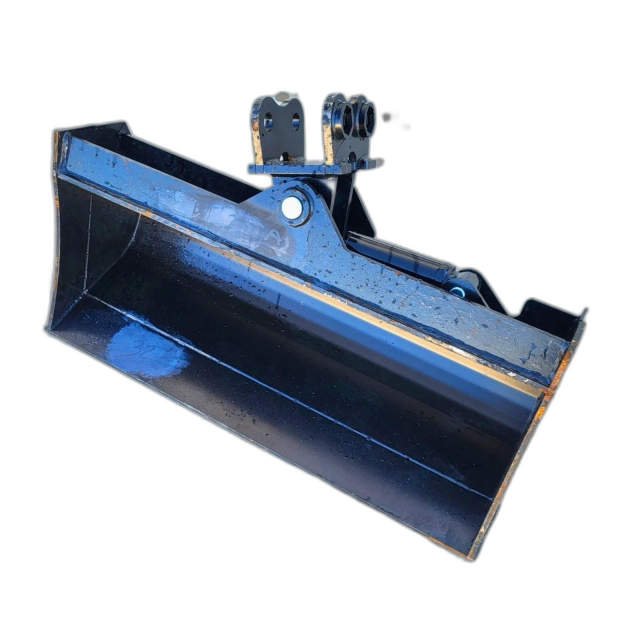 Black 32-inch mini excavator tilt bucket, smooth no-teeth cutting edge, tilt cylinder and twin-pin mount bracket