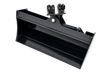 Black 32-inch mini excavator tilt bucket, smooth no-teeth cutting edge, hydraulic tilt cylinder and twin-pin mount