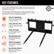 Key features of the JCT 2-spear bale spear: two 42-inch forged tines, 25-inch spacing, skid loader quick attach