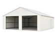 Cream 33x25 steel garage render from the front corner, two open bays with exposed steel trusses and a side door