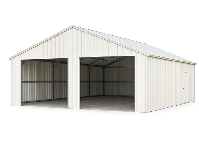 Cream 33x25 steel garage render from the front corner, two open bays with exposed steel trusses and a side door