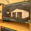 KJ K3325 33x25 double garage steel shed label on the wooden shipping crate, cream building render and spec list
