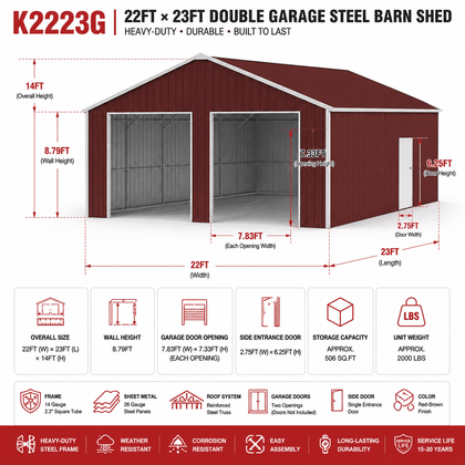 Feature graphic for the 22x23x13 red-brown double garage: steel frame, trusses, smart-connect brackets