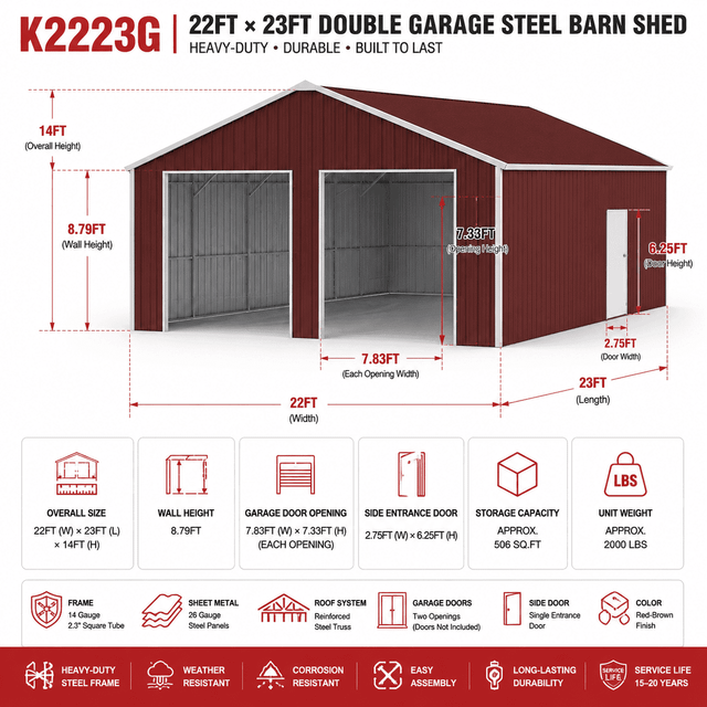 Feature graphic for the 22x23x13 red-brown double garage: steel frame, trusses, smart-connect brackets