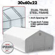 Galvanized dual truss steel frame inside a 30x60x22 fabric building, 10 ft arch spacing, 2.36 in truss tubes