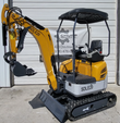 SDLE20 diesel mini excavator, boom folded with the hydraulic thumb open above the bucket, canopy, seat and push blade