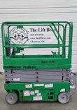 Genie GS-1930 scissor lift (green), platform lowered, front view