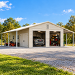 Cream galvanized steel garage, two roll-up doors open, double side door, and open lean-to carports on both sides