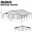 Dimension diagram of the 39x39x13 metal garage: 39.7 ft wide, 12.79 ft peak, 7.43 ft eave, 8.2 ft roll-up doors