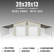 Spec graphic: 39x39x13 cream double garage, 2 roll-up doors, side double door, 14-gauge frame, 26-gauge panels