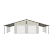 Cream galvanized steel garage, two roll-up doors, open lean-to carports both sides