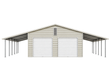 Cream galvanized steel car garage, two roll-up doors, open lean-to carports on both sides