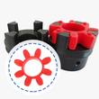 Pair of jaw coupling hubs with a red spider insert between them, plus an inset close-up of the spider