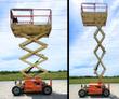 JLG 260MRT rough terrain scissor lift raised on its extended scissor stack, shown from two angles