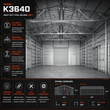 Spec banner: 40x36 container roof kit interior, truss frame diagram, and dimensions