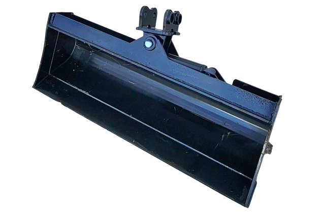 Black 40-inch tilt bucket from above, open smooth no-teeth interior, hydraulic tilt cylinder and twin-pin bracket