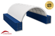White 30oz PVC dual-truss container shelter, seven arches spanning two navy shipping containers