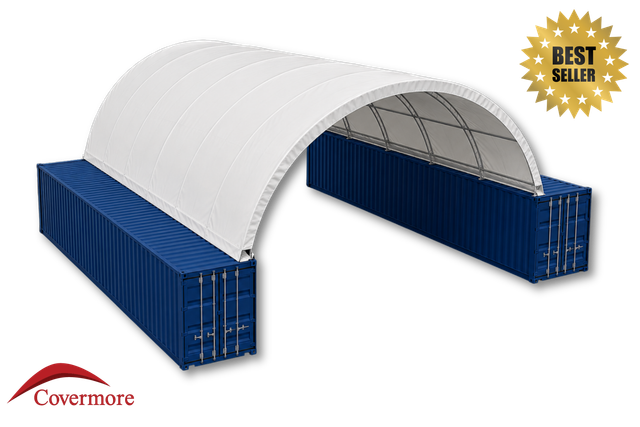 White 30oz PVC dual-truss container shelter, seven arches spanning two navy shipping containers