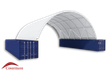 White 30oz PVC container shelter arched over two navy shipping containers, interior steel frame