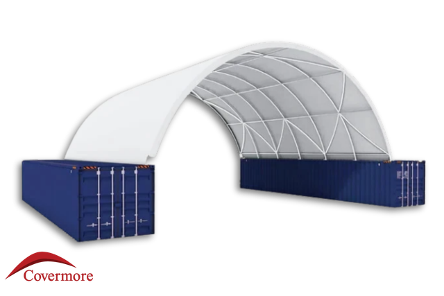 White 30oz PVC container shelter arched over two navy shipping containers, interior steel frame