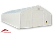 White 30oz PVC dual-truss fabric building, front end wall with large winch door, man door, and two peak vents
