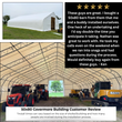 Customer review graphic: 5-star testimonial with photos of a white fabric building exterior and interior full of equipment